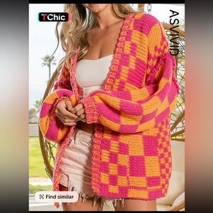 Pink and Orange Checkered Women's Cardigan Sz L